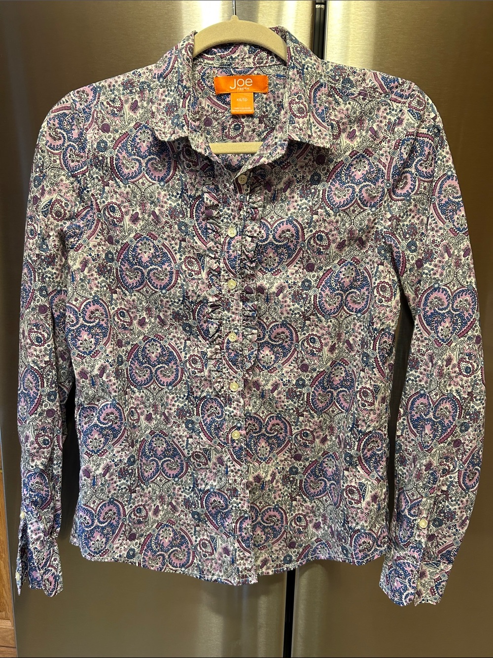 Joe Fresh Paisley Ruffle Button-Front Blouse in Purple and Blue